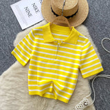 Knitted Women 2025 Summer South Korea Ins New Trendy Sleek Striped T-Shirt Women's