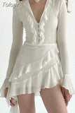 Sexy Ruffle A-line Chiffon Mini Dress White Coquette Chic and elegant Flare Long Sleeve Slim Dresses Holiday Party