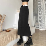 Vintage Y2k Long Black Skirt Women Fashion Streetwear 90s High Waist Printed Patchwork Back Split Straight Midi