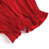 Red Formal Puff Sleeves Ruffle Peplum