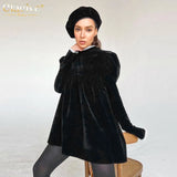 Winter Loose Black Velvet Women'S Dresses 2023 Fashion Stand Collar Long Sleeve Mini Dress Elegant Classic Female