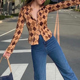 Graduation party gift V Neck Long Sleeve T Shirts Women Brown Houndstooth Print Autumn Vintage Fashion Casual Sexy Crop Top E Girl Harajuku