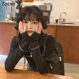 Women Korean Style Trendy Design Slim Cropped Tops Black Turn Down Collar Long Sleeve Knitted Patchwork Street