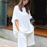 Spring And Summer Korean White Short Sleeve T-shirt Shorts Two-piece Suit Women Loose High Waist Casual Sports Top