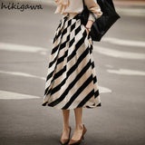 Faldas De Mujer Vintage Striped Skirts Women High Waist Slim Summer A-line Pleated Skirt Big Swing Korean Elegant