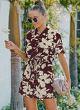 Printed Casual Turn-down Collar Short Sleeves Floral Print Belted Loose