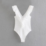 2022 Summer Women Sexy Fashion Ruffled Fitted White Bodysuits Vintage Deep V Neck Sleeveless Female Playsuits
