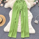 Hole Ripped Jeans Women Autumn High Waist Straight Long Pants Blue Casual High Street Tube Pants Denim Trousers