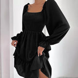 Celmia Elegant Women Ruffled Sundress 2022 Puff Long Sleeve Sexy Square Collar Mini Dress Casual Solid Pleated Party