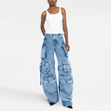 Toloer Spring And Autumn New Fashion Smoke Gray Splicing Multi-Pocket Cargo Pants Street Water To Make Old Long Wide-Leg Pants-Outfit