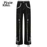 Gothic Punk Lace Trim Chain Baggy Jeans Streetwear Women Cyber Y2k Black Denim Trousers Grunge Aesthetic Pants