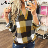 Size Women's Blouse Shirts Autumn Long Sleeve V-neck Loose Tops Elegant Ladies Office Blouses Womens Plaid Tops and