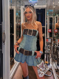 Vintage Y2k Strapless Denim Dress Women Summer Bodycon Sexy Korean Fashion Kpop Belt Pleated Mini Dress 2000s