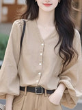 V-Neck Lantern Sleeve Top Women's Dress 2025 New Early Spring Ocean Design Wears French Chic