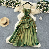 Goddess Fan Design Sense Square Neck Sling Sling Sling Folds To The Waist Lotus Leaf Dress Girl Dress