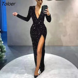 Women's Evening Dresses Sexy One Shoulder Long Sleeve Sequin Dress Wrap Chest Split Vestidos Robe Wedding Club