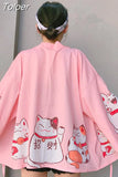2023 Japanese Kimonos Cat Print Cardigan Harajuku Loose Kimono Pink Blouses feminino Outerwear Shirts Women Coats