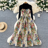Retro Jed Flower Embroidery Sling Dress Women's Bottom Knitting Shirt 2025 Autumn And Winter French