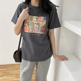 Oil Painting Print T-shirt Women Short Sleeve Loose 100% Cotton Shirt 2021 Female Basic Tops Summer Ladies Tees