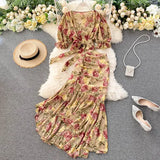 Pink/Blue Floral Print Chiffon 2pcs Set Women Boho Chic Bandage Short Tops + High Waist Mermaid Skirt Female Sets
