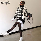2020 Autumn Winter Turtleneck Long Sleeve Black Women Houndstooth Sweater Knitted Dress Party Sexy Mini Oversized