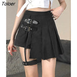 Gothic Leg Loop Patchwork Short Skirt Women Pleated Mini Skirts Streetwear Solid Black A-Line Skirts Dark Academia