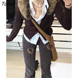 Vintage Harajuku Faux Fur Collar Sweaters Women Autumn Winter Zip Up Brown Sweater Cardigans Slim Streetwear Coats