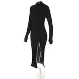 Toloer New High Collar Long Sleeves High Slits Irregular Slim Long Solid Color