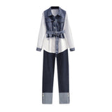 Popular Street Style Elegant Women's Pants Set Fashion Denim Shirt Blue Jeans Two-piece Set Famele Tracksuit