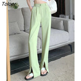 Korean High Waist Split Suit Pants for Women Straight Loose Casual Khaki Green Pink Pants Female Trousers S-4XL