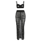 Sisterlinda Sexy Mesh Women Two Piece Suits Summer See Through Wrapped Camisole+Ruched Skirt Lady Maching Party Clubwear