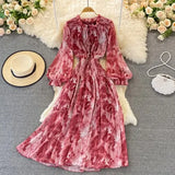 Autumn Women Printed Long Dress Vintage Ruffle Stand Collar Puff Sleeve High Waist Elegant Maxi Robe Female Big Swing