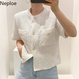 Korean Cardigan Women Clothing Short Sleeve Single Breasted Sweater O Neck Knit Black Tops 2023 Fashion White Coat
