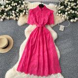 Lady Dress 2025 Summer Waists Slim Collar Short-Sleeved Hollow Hook Embroidery Single Row Buckle