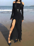 Off Shoulder Ruffle High Slit Maxi Dress-Outfit