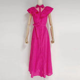 Cut Out Lace Up Dress For Women Bowknot Collar Sleeveless High Waist Solid Midi Dresses Female Summer Clothing