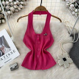 Design Feeling Hanging Neck Dew Single Buckle Slim Thin Knit Vest Women Wear Gas Bottom