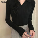 2023 Spring Autumn Knitted Sweater Women Korean Turn Down Collar Long Sleeve Pullover Woman Solid V Neck Jumper