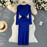Autumn Sexy Knitted Dress Women V Neck Long Sleeve Slim Maxi Dress Female Autumn Hollow Out Sweater Long Dress
