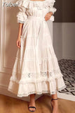 Elegant White Dress For Women Slash Neck Short Sleeve Patchwork Ruffle Trim Lace Panel High Waist Long Dresses Female