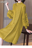 Appliques Dress For Female Half High Collar Puff Sleeve Straight Loose Waist Fold Pleated Dresses Women 2023 Spring