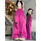 Street Rose Red Ripped Jeans Women Summer Thin Dopamine Wearing Hot Girl Straight Broad Leg