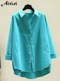 Spring Women's Oversized White Cotton Shirts Women Long Sleeves Loose Tops Plus Size Green Elegant Casual Blouse Blue