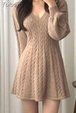 Vintage Woman Dresses V-neck Lantern Sleeve Knit Robe Elegant Vestidos De Mujer Fashion Korean Sweater Y2K Mini
