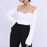 2023 New Autumn Sexy Stylish Sqaure Collar Full Sleeves Knitting Pullover Sexy Slim T-shirt Female Top