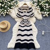Luxury High-Striped Knitted Dress Women's Summer V-Neck Hollow Thin Airable Design Design Long