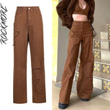 Rockmore Brown Vintage Baggy Jeans Women 90s Streetwear Pockets Wide Leg Cargo Pants Low Waist Straight Denim Trousers