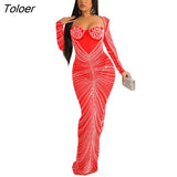 Women's Gown Rave Partywear Dress Hot Drill Mesh Diamonds Dresses Long Sleeve Skirt Slim Birthday Evening Night