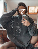 Print Grey Oversized Pullover Hoody Sweatshirt with