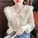 Blouse for Women Sweet Peter Pan Collar Long Sleeve White Shirts Lace Ruffles Chiffon Tops 2023 Blusas Mujer De